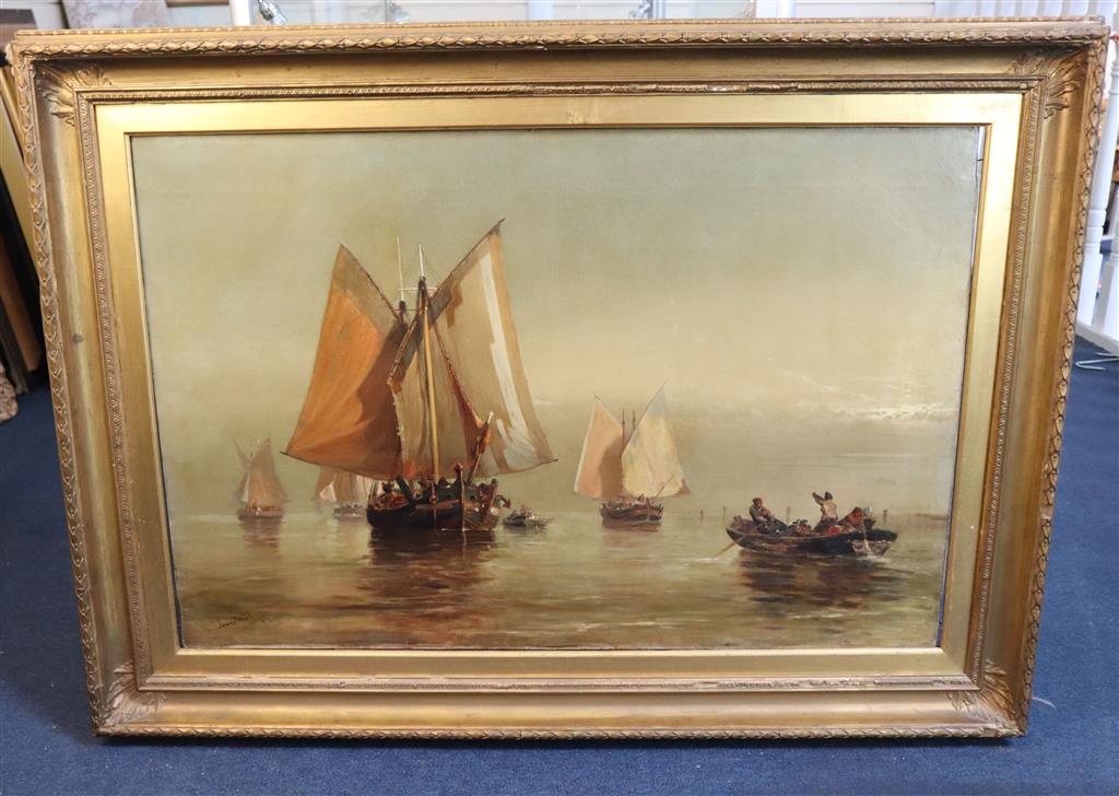 Manner of James Webb (1825-1895) Vessels in calm waters 24 x 36in.